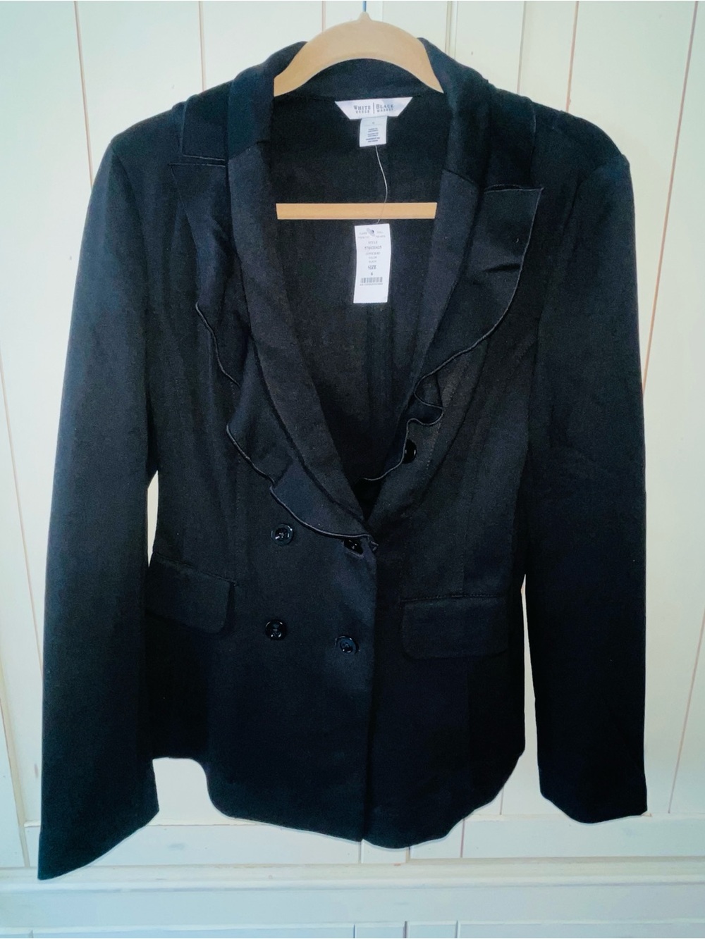 WHBM Ruffle Collar Double Breasted Ponte Knit Blazer Jacket Black Size 6 NWT